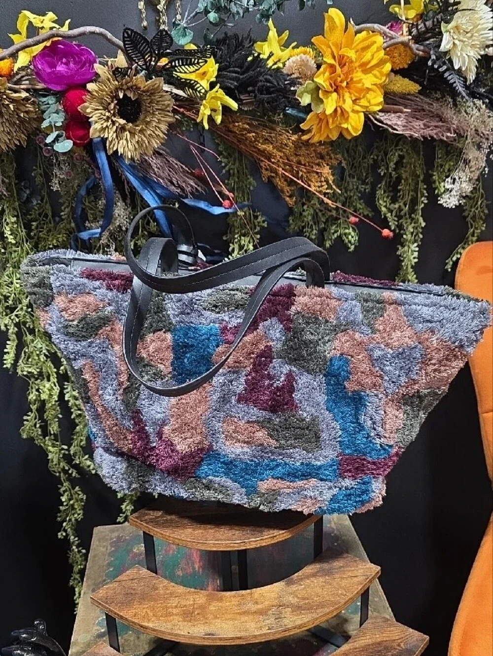 Zara Multicolor Plush Carpet Style Tote with Tassel Accent